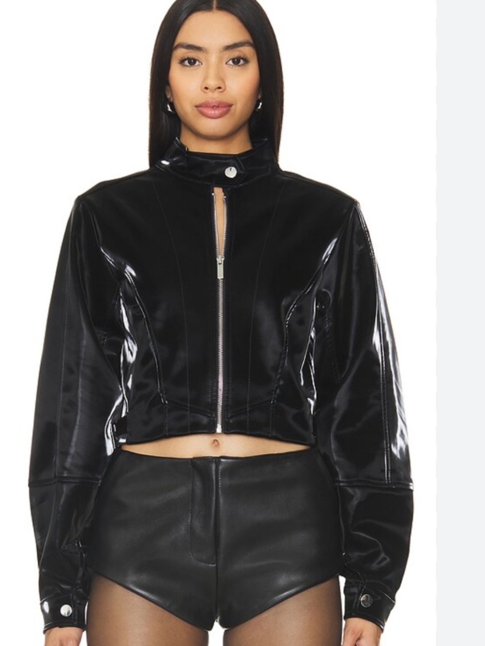 WeWoreWhat Black Faux Patent Leather Cropped Jacket